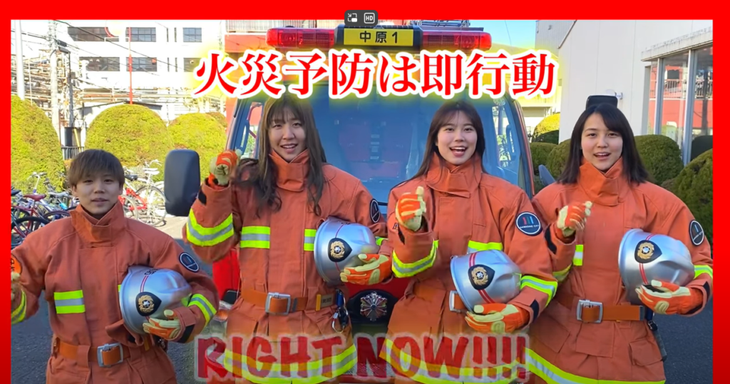 消防服を着て広報活動をする田中真美子さん